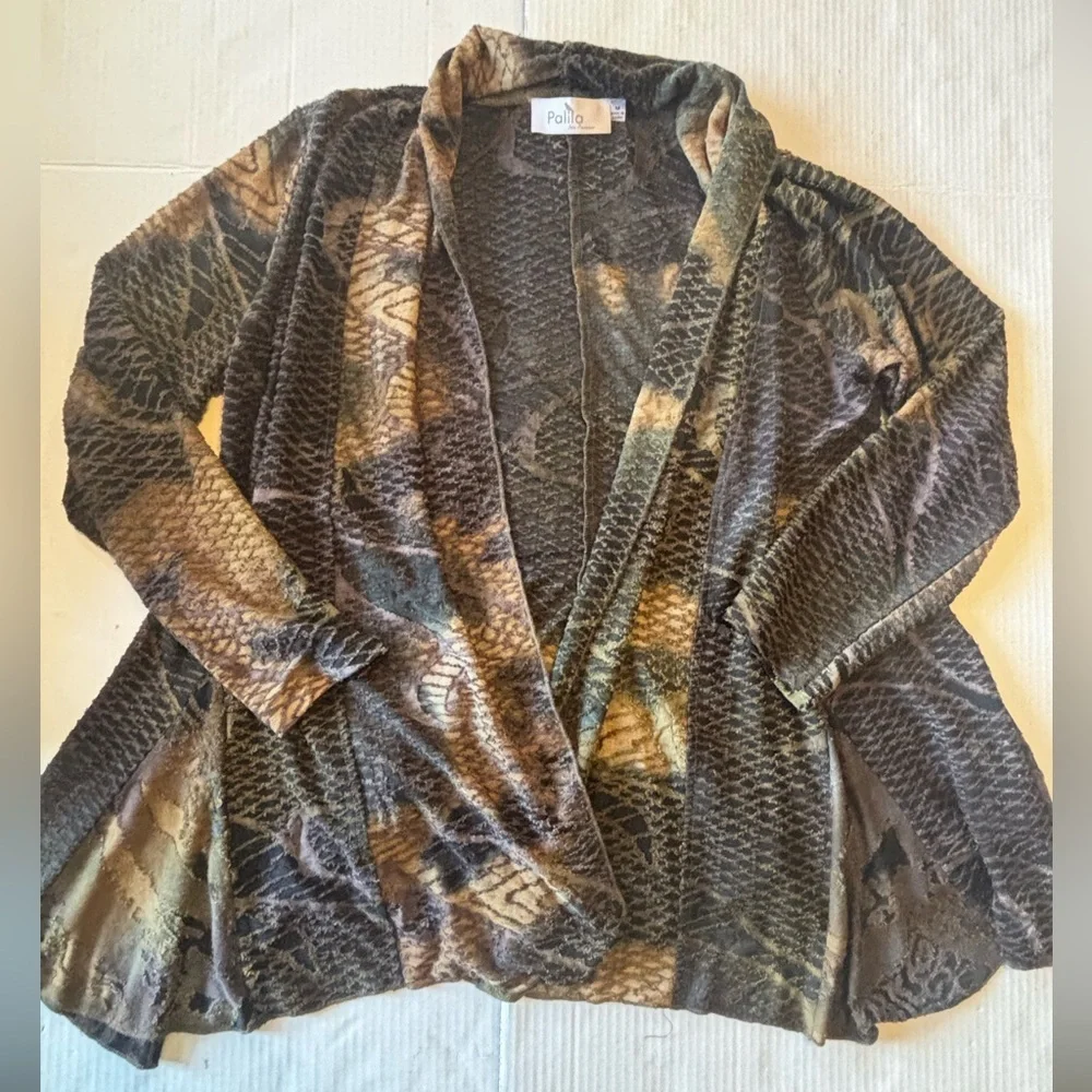 Palila Sheer Snake Print Waterfall Cardigan Brown Beige Drape Open Front M Boho